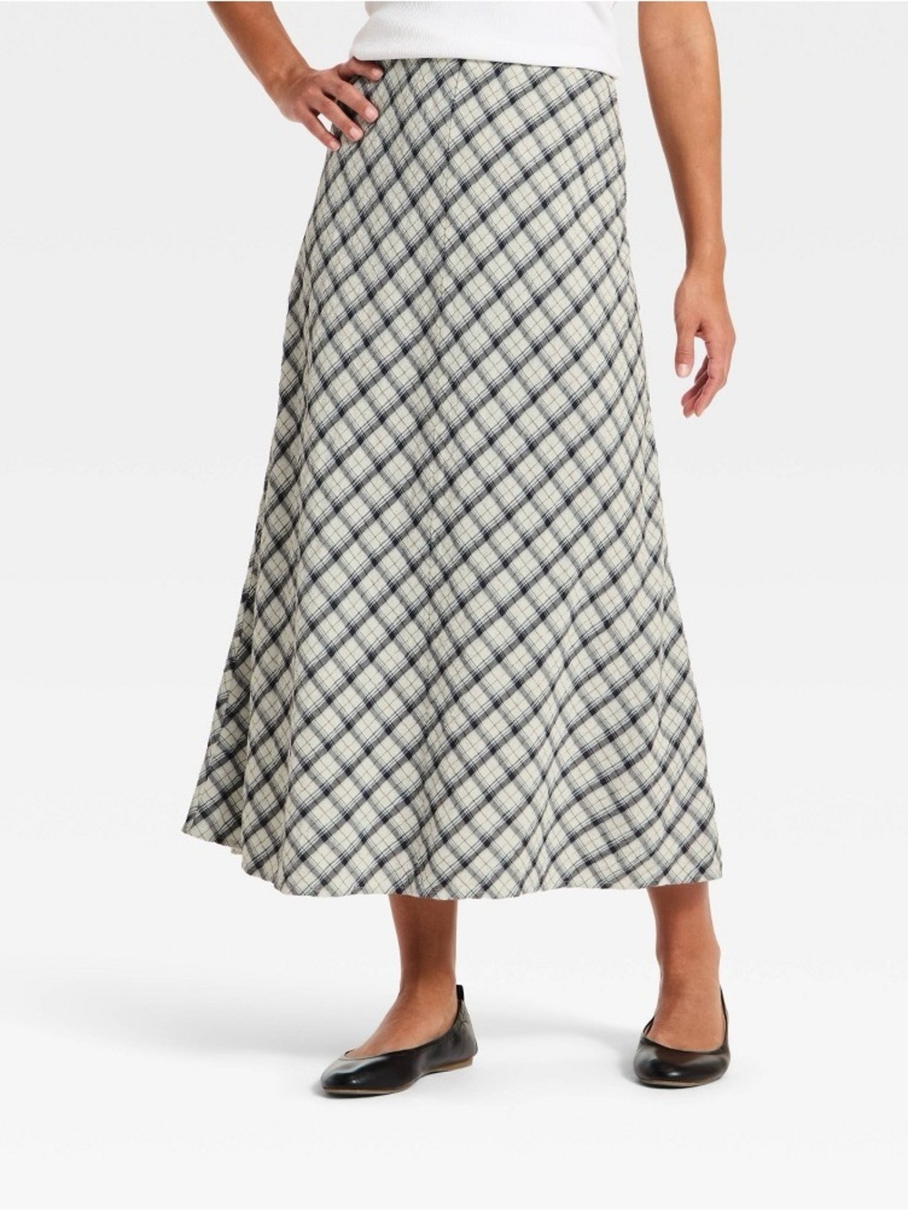 Universal Thread Cream and Navy Plaid A-Line Maxi Skirt b187s